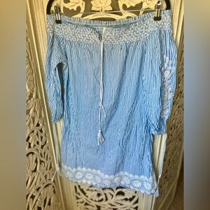 Blue & White Striped Off-Shoulder dress with Lace Trim and embroidered arms